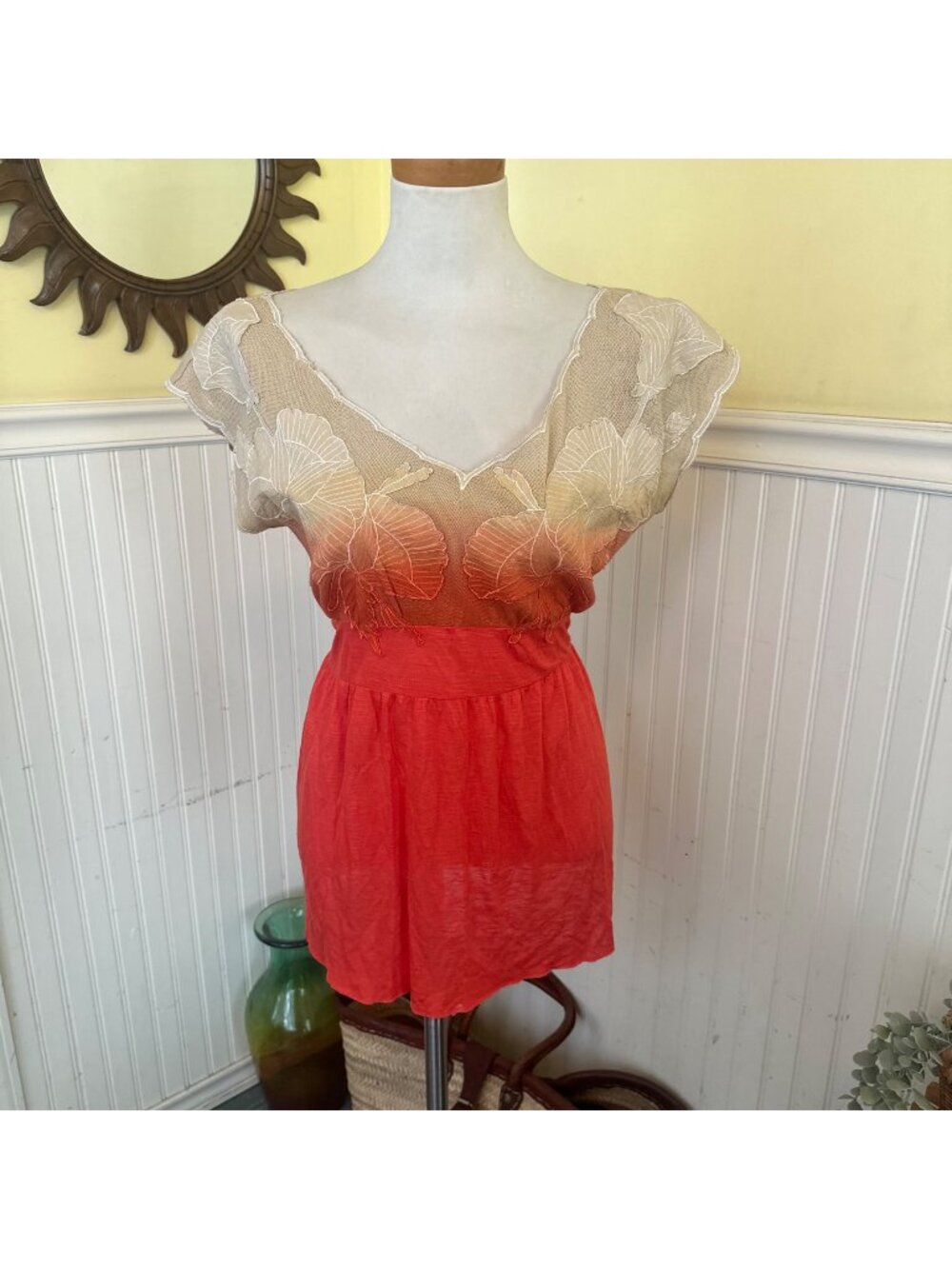 Free People Floral Embroidered Mesh Lace Top tunic small